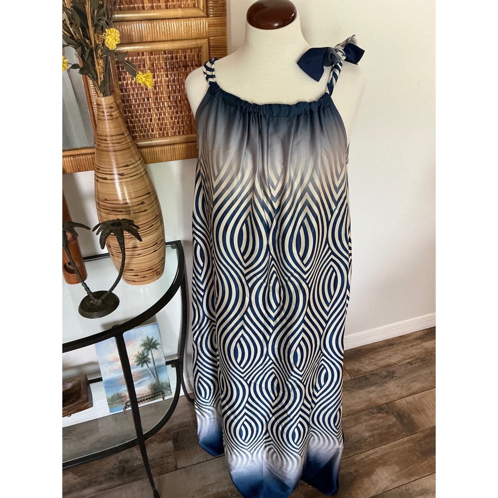Mersea Terrace Dress Blue Ombre Geometric Silk Feel Maxi OS Made in Italy NWT